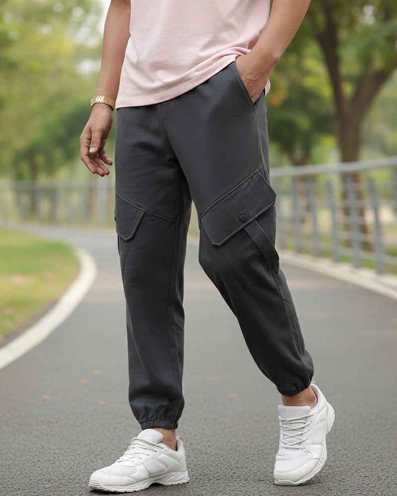 bewakoof Men's Grey Super Loose Fit Cargo Warm Joggers - Image 1